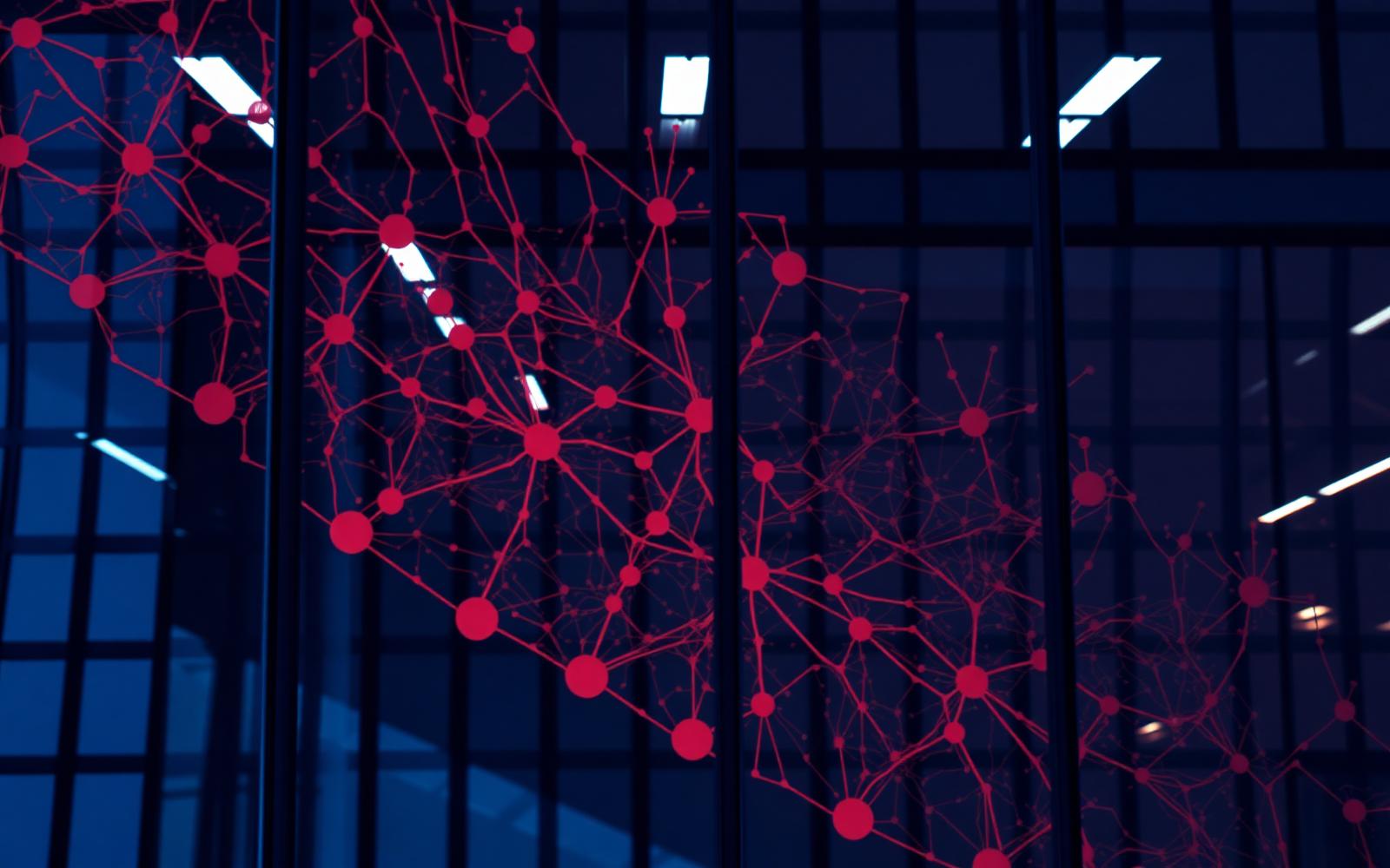 Réseau lumineux projeté sur la façade vitrée d'un immeuble de bureaux